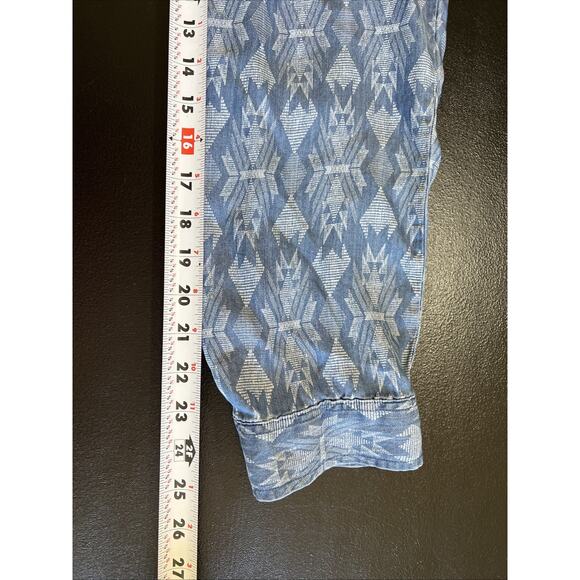 Zac & Rachel Tunic Women XL Blue Chambray Aztec Button Front Roll Tab Shark Bite - Picture 11 of 11